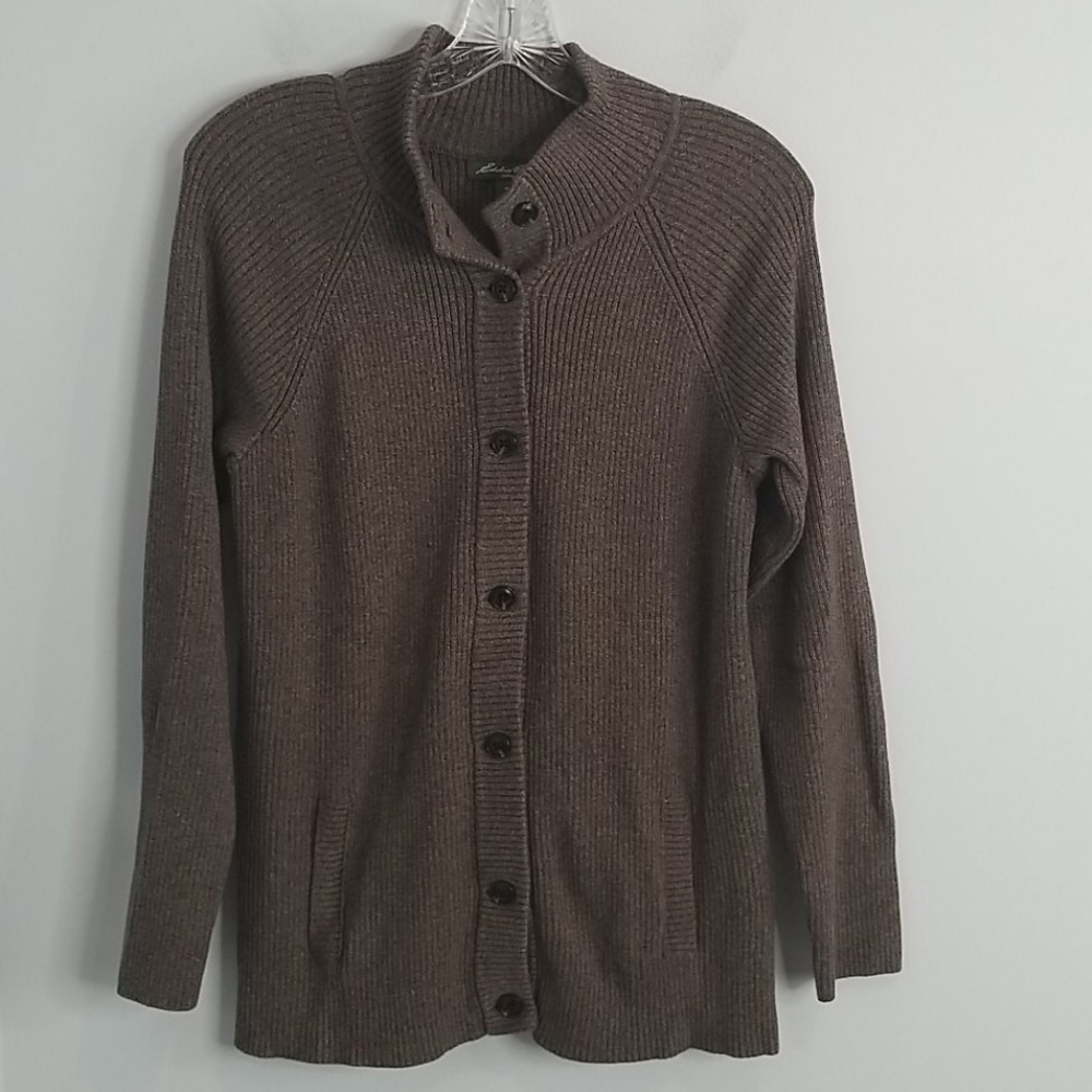 Eddie Bauer Brown Button Front Cotton Granola Cardigan Sweater size Large
